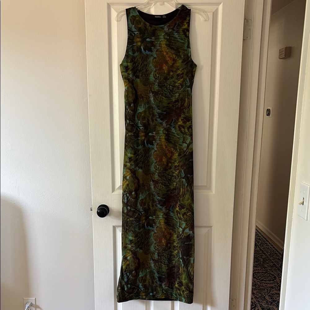 Boohoo Script Print Mesh Racer Neck Maxi Dress